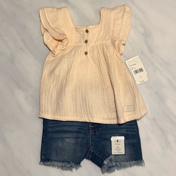 7 For All Mankind Other - 7 For All Mankind Girl’s Pale Pink Cotton Ruffled Top Frayed Denim Shorts Set 2T